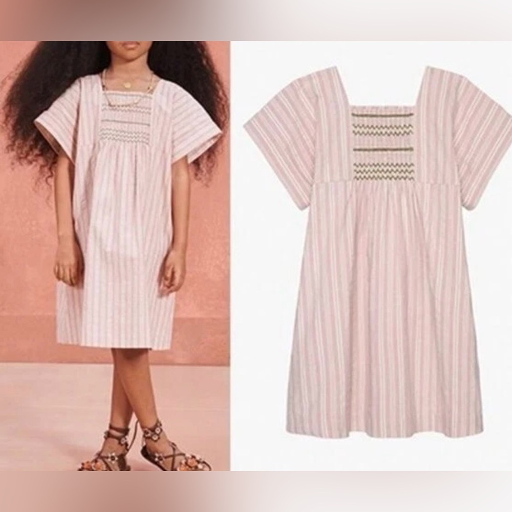 SWEET ZARA GIRL'S 13-14 SMOCKED PINK STRIPED MIDI  DRESS SHORT FLARE SLEEVES